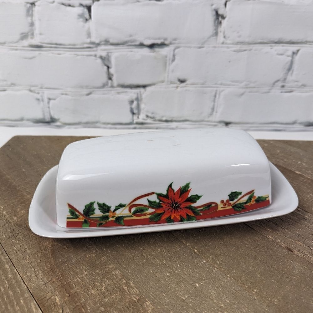 Vintage Christmas dishes, Ancam Poinsettia pattern butter dish with lid